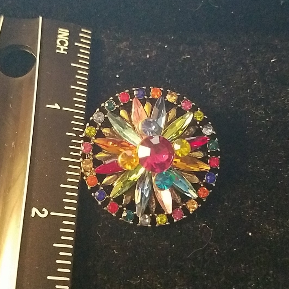 Antique Style Colored Rhinestone Brooch 1.25" Pin